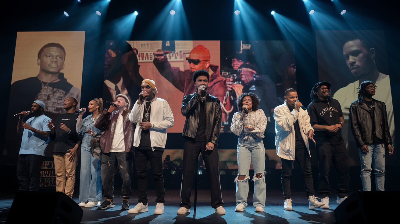 Create a realistic image of a diverse group of Black hip-hop artists, both male and female, standing on a stage with microphones, performing passionately to a large, engaged audience. In the background, a giant screen displays iconic moments from hip-hop history. The lighting is dramatic, with spotlights illuminating the performers. The overall mood is energetic and empowering, capturing the essence of hip-hop's role in amplifying Black voices.