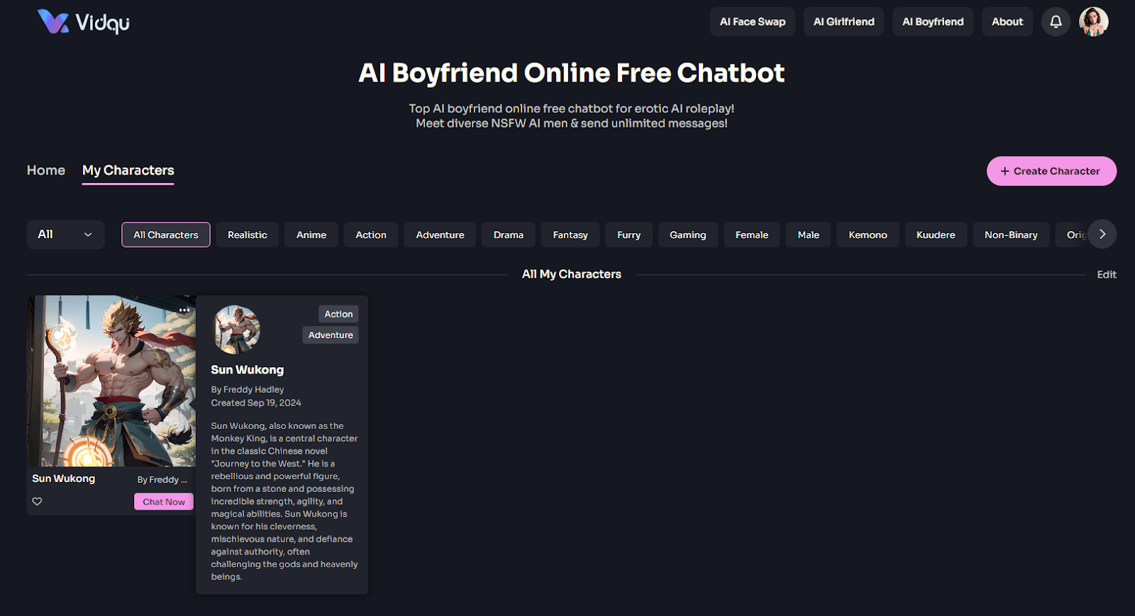 Vidqu AI - Customize Your Own Sun Wukong AI Character