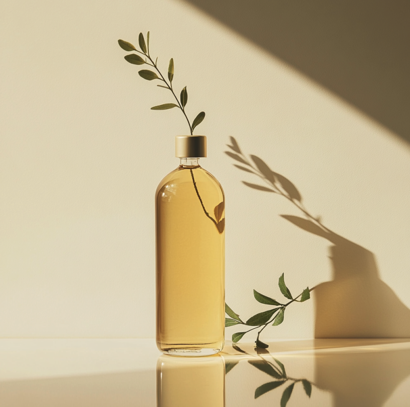 Shower oil in a glass bottle sitting in a bright room with fresh eucalyptus