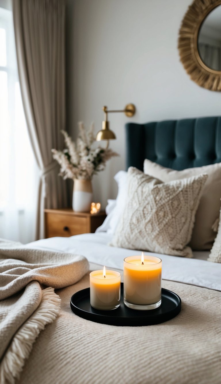 A cozy bedroom with scented soy candles, soft blankets, and elegant decor