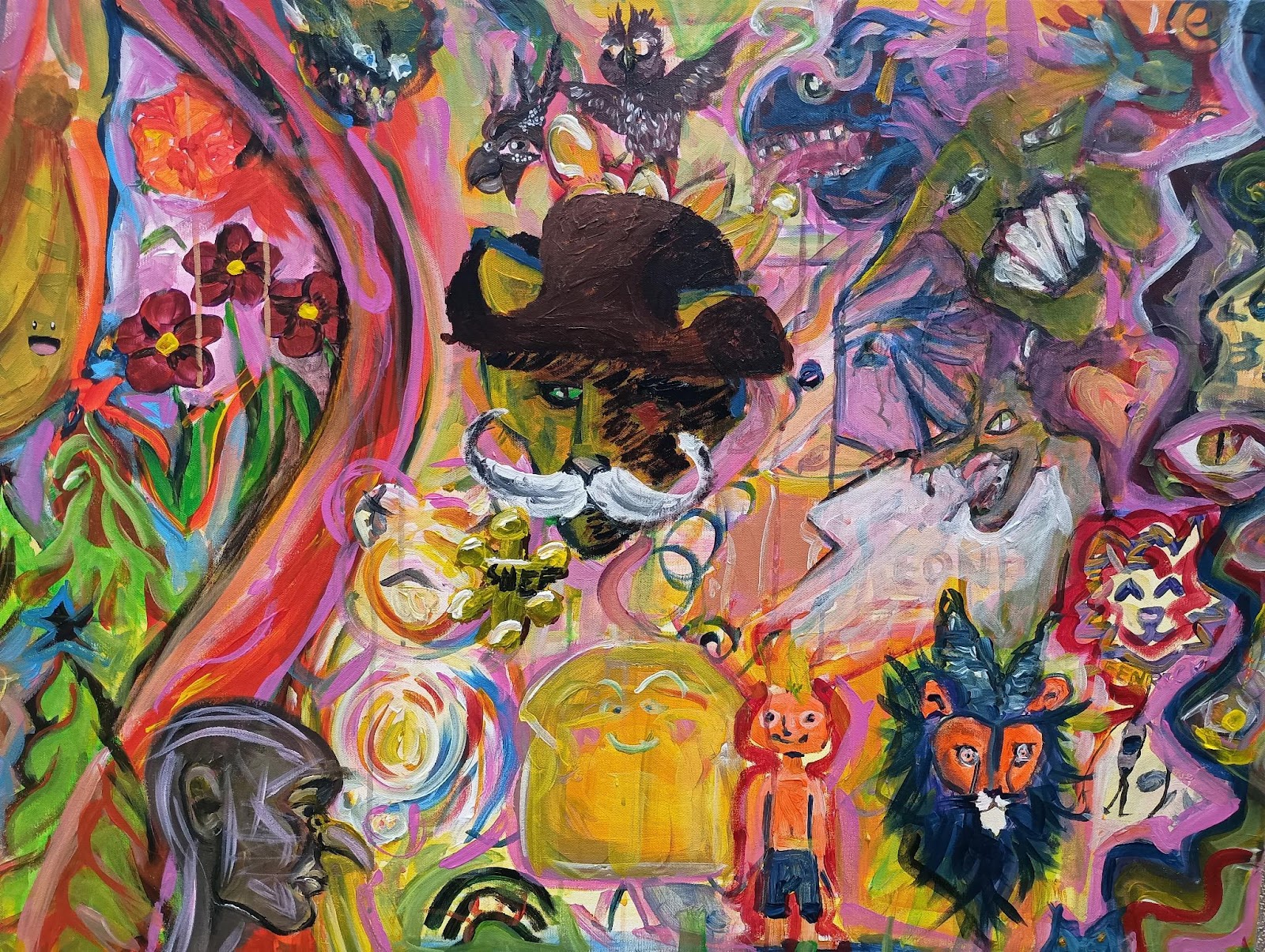 Painting with a skull wearing cat years and a rainbow road coming out of its mouth, surrounded by cats, turtles, animals, and a city skyline.
