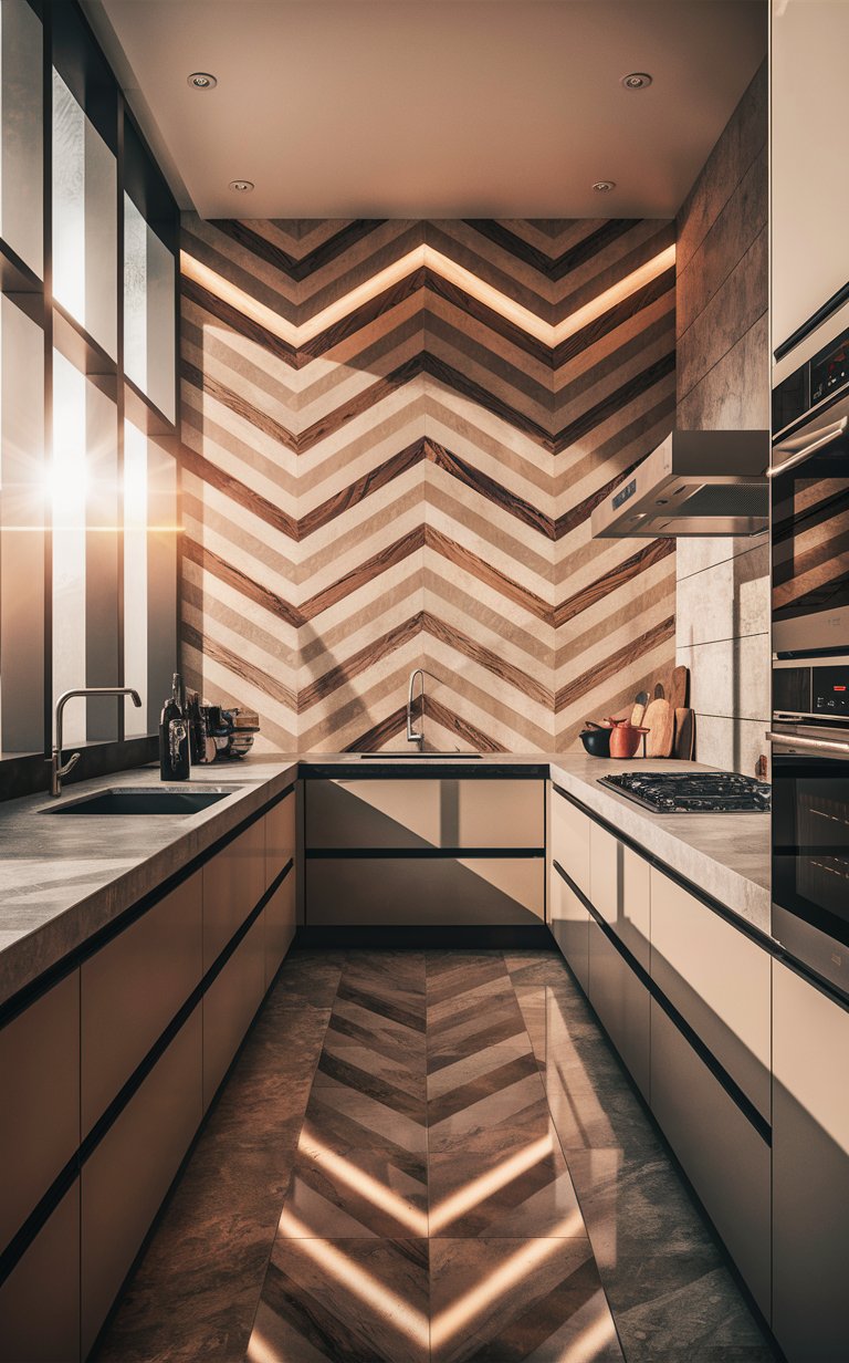  Chevron patterns add a dynamic visual element to small kitchens. The V-shaped pattern creates movement, making the space feel more lively and vibrant without being too overwhelming.