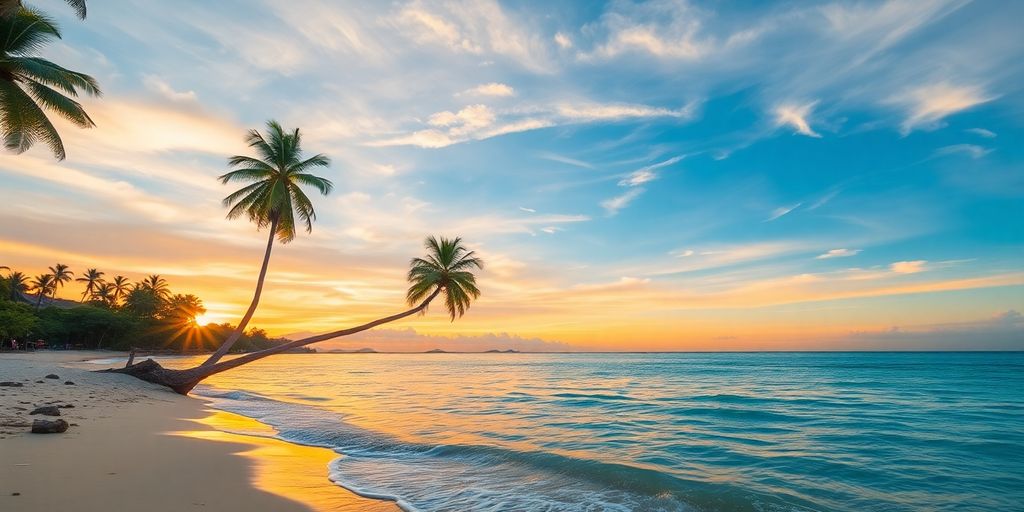 Tranquil beach in Phuket with palm trees and sunset.