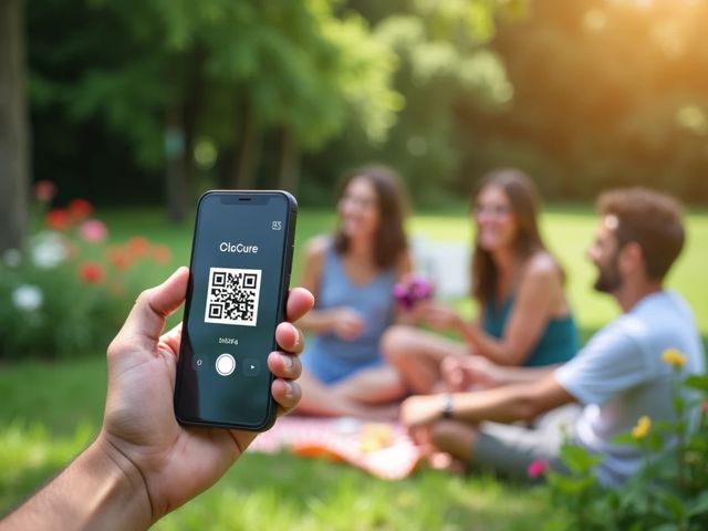 A close-up of a smartphone scanning a QR code in a park, surrounded by greenery and flowers, with people in the background enjoying a picnic and smiling, radiating a positive atmosphere