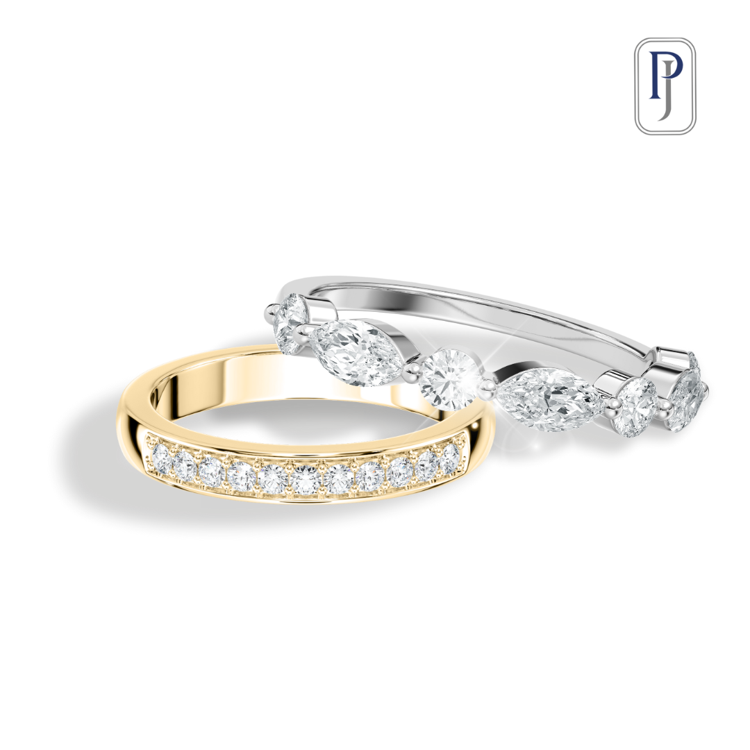 Lab diamond bridal ring set in white gold and yellow gold with intricate designs.