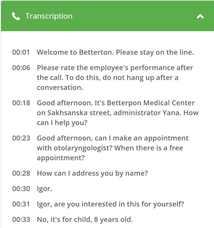 Ringostat AI, conversation transcription