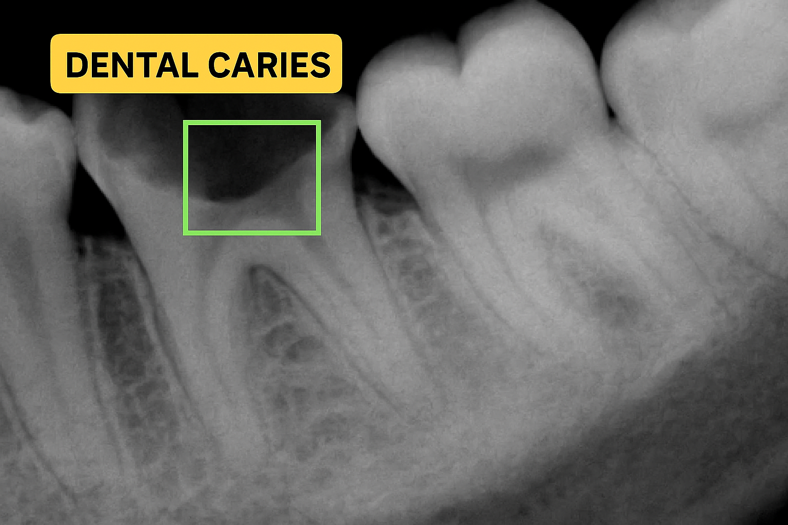 AI-annotated dental radiograph showing caries in the molar crown