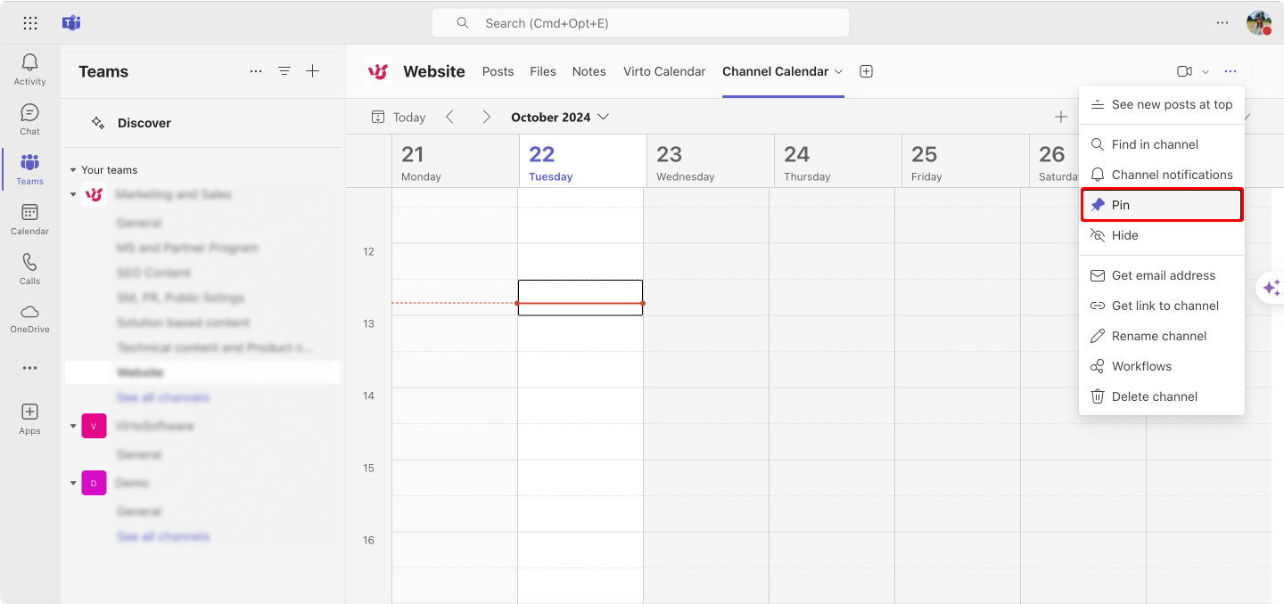 Pinning a channel with its calendar in Micrsoft Teams. 