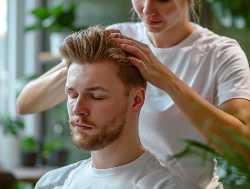 A man taking deep head massage