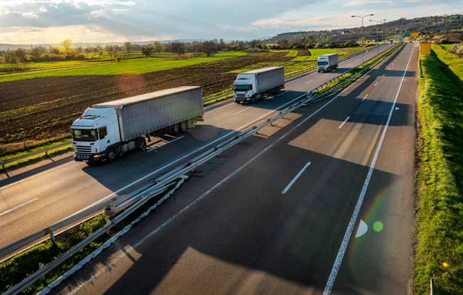 Tres camiones con caja sobre la carretera rodeada de árboles. Un ejemplo de transporte terrestre