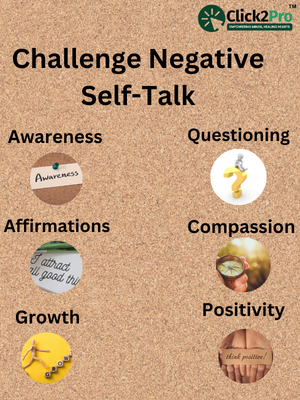 Infographic with key steps to challenge negative self-talk: awareness, affirmations, growth, positivity.