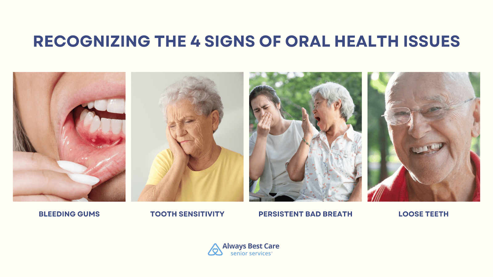 This is an infographic depicting the 4 signs of oral health issues in seniors