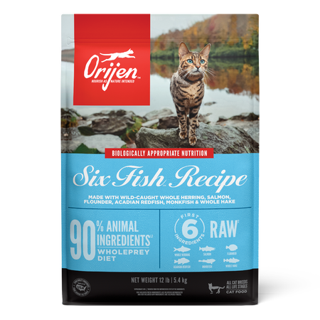 Orijen Six Fish Recipe cat food packaging.