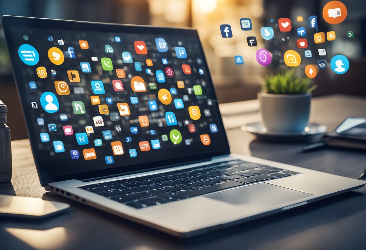 A laptop surrounded by social media icons, real estate properties, and SEO keywords