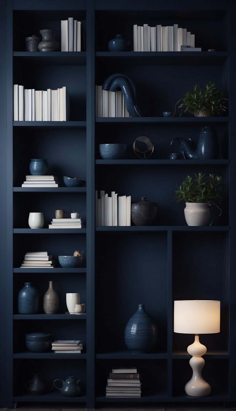 Dark blue shelves cast shadows in a moody bedroom, creating a serene and cozy atmosphere