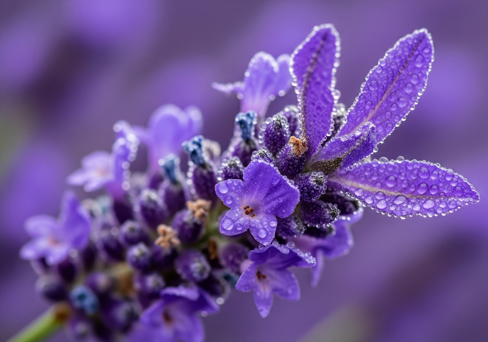 Um close-up de flores de lavanda vibrantes, com gotas de orvalho em suas pétalas e um fundo desfocado.