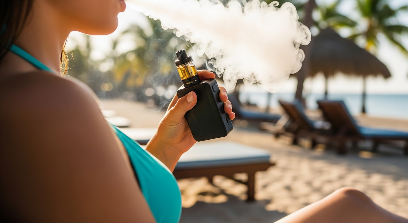 a person vaping away on their holiday (not able to see their face)