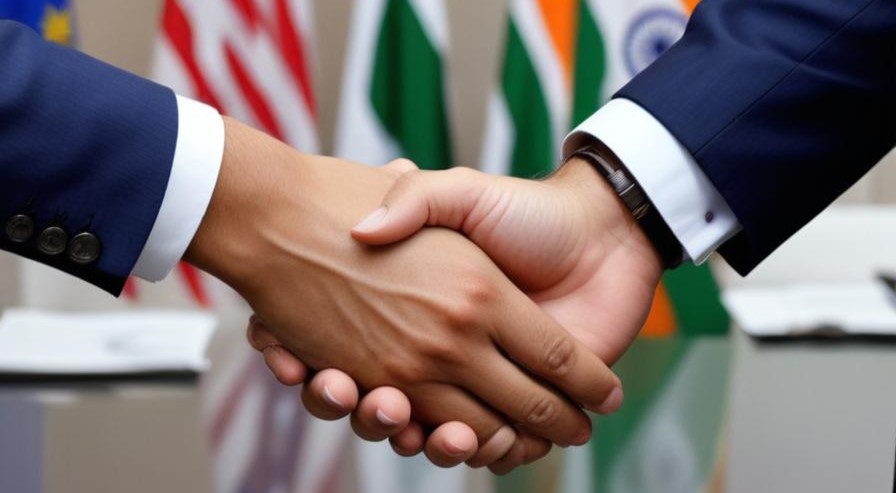 Close-up of a firm handshake between two individuals in business attire against a blurred background of international flags, symbolizing positive geopolitical relations and their beneficial impact on global financial markets