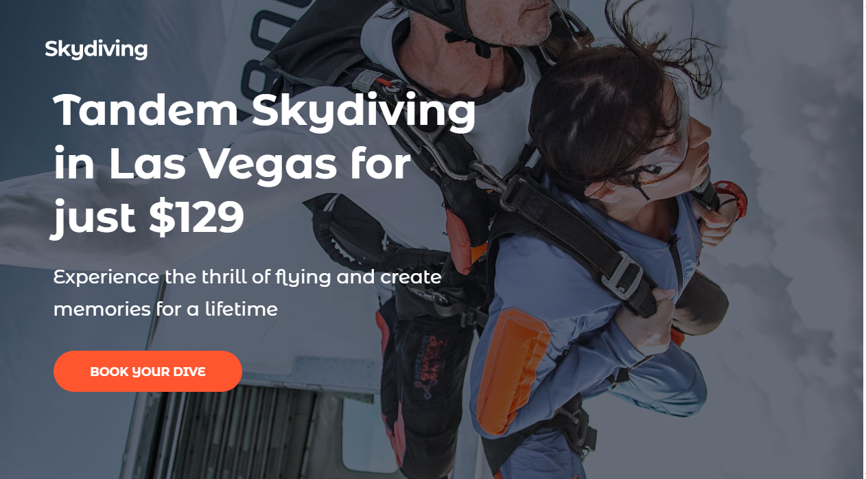 Image depicts the landing page for booking a skydiving experience with a clear call to action