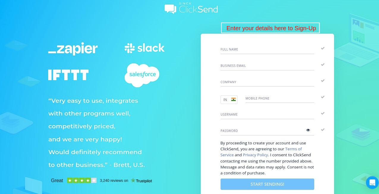 ClickSend signup page