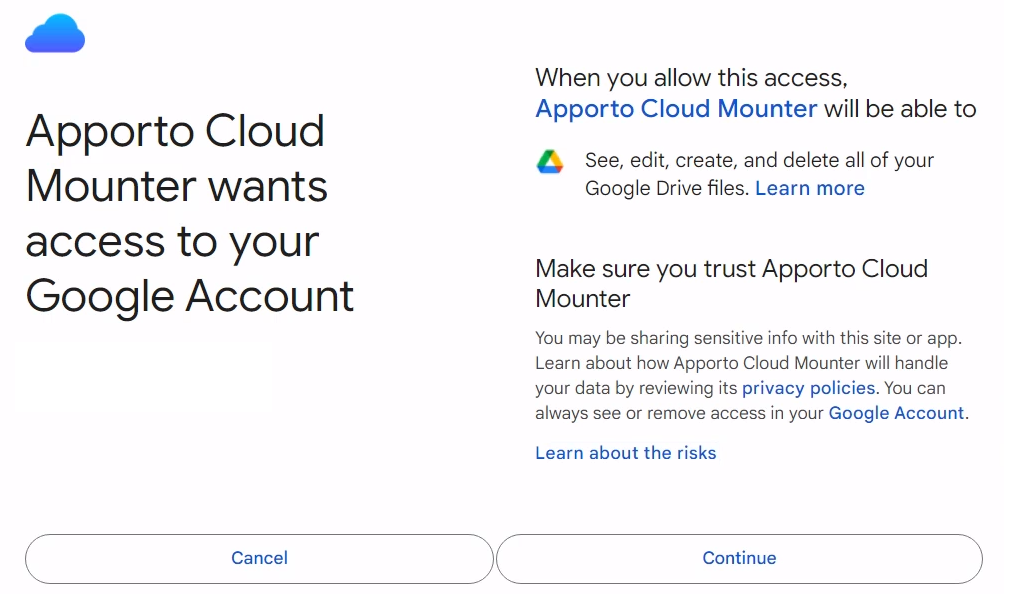 This is an image of the Apporto Cloud Mounter authorization screen where you have to click on the Continue button to complete the Authorization.