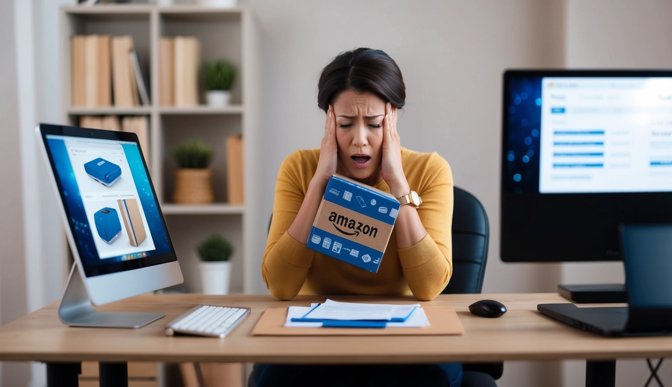 A frustrated buyer sits at a desk with a computer, looking at an item they purchased on Amazon. The item is damaged and the buyer is preparing to file an A-to-Z claim