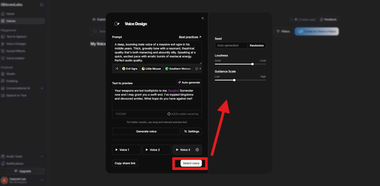 Screenshot of the ElevenLabs Voice Design interface with the Settings panel open, showing sliders for Loudness and Guidance Scale, and a “Select voice” button highlighted.