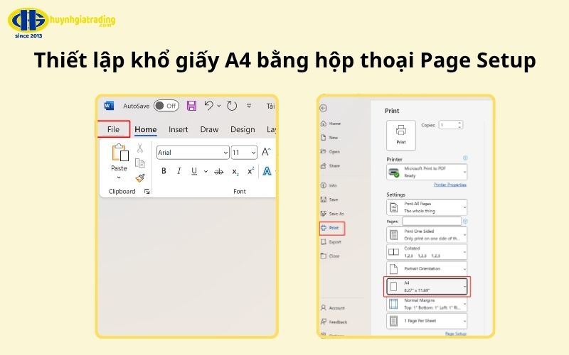 Thiết lập khổ giấy A4 bằng hộp thoại Page Setup