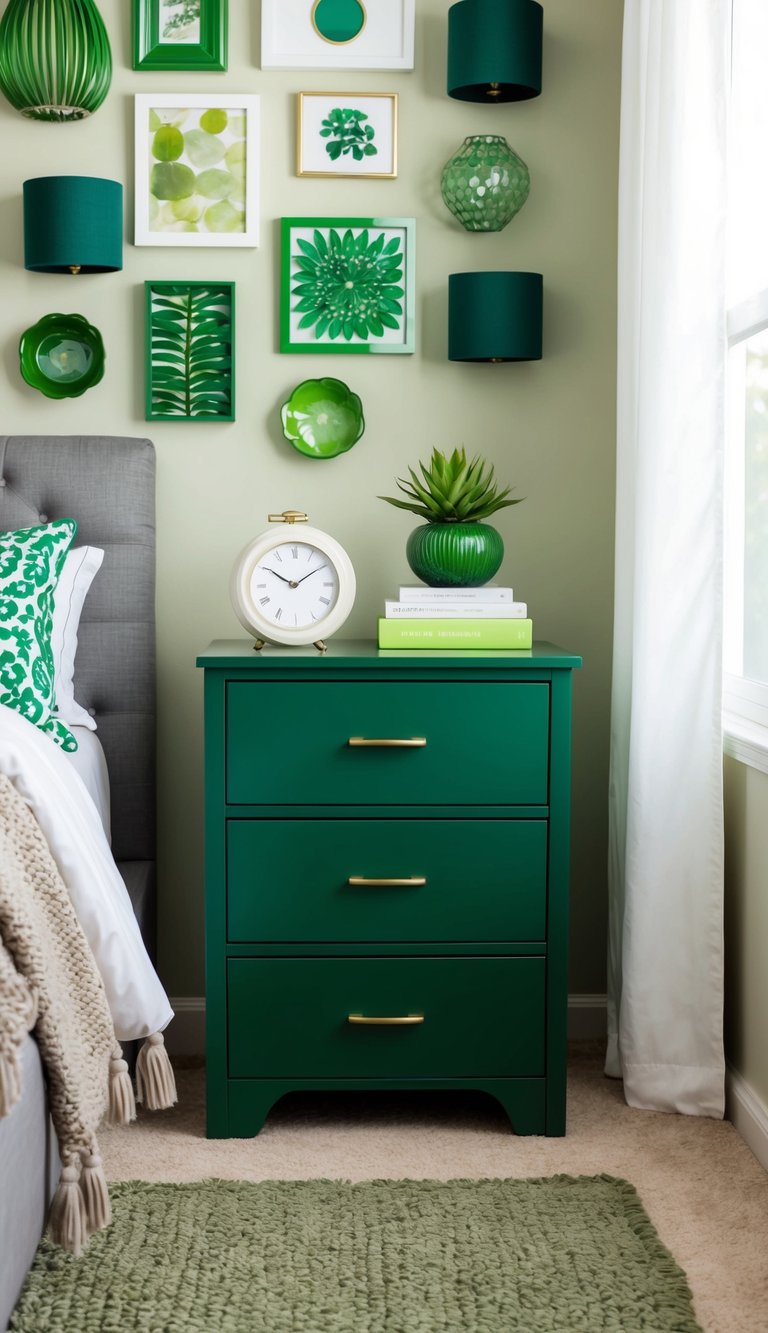 A hunter green nightstand sits in a cozy bedroom, surrounded by 23 different green decor ideas