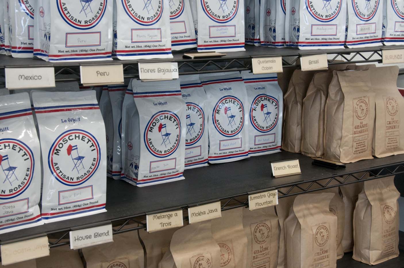 Coffee for sale at Moschetti's Artisan Coffee Roaster. Photo courtesy Moschetti's.