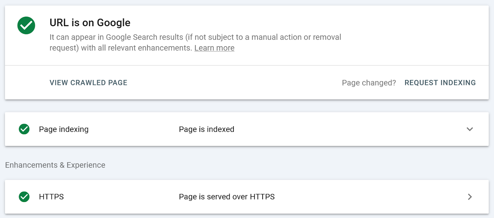 Confirmation that a webpage is indexed, secure (HTTPS), and eligible for Google Search.