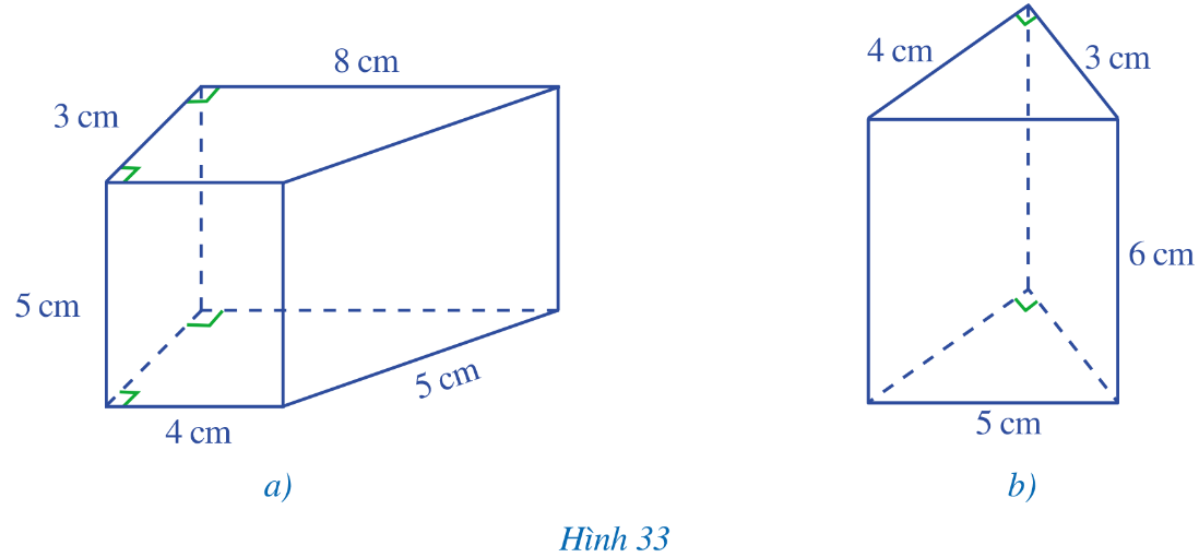 I. Hình lăng trụ đứng tam giácBài 1: Quan sát lăng trụ đứng tam giác ở Hình 22, đọc tên các mặt, các cạnh và các đỉnh của lăng trụ đứng tam giác đó. Giải nhanh:5 mặt: ABC; A’B’C’; ABB’A’; BCC’B’; ACC’A’9 cạnh: AB; BC; CA; A’B’; B’C’; C’A’; AA’; BB’; CC’6 đỉnh: A; B; C; A’; B’; C’.Bài 2: Quan sát hình lăng trụ đứng tam giác ABC.A’B’C’ ở Hình 23 và thực hiện các hoạt động sau:a) Đáy dưới ABC và đáy trên A’B’C’ là hình gì?b) Mặt bên AA’C’C là hình gì?c) So sánh độ dài các cạnh bên AA’ và CC’ Giải nhanh:a) hình tam giác. b) hình chữ nhật. c) bằng nhau.II. Hình lăng trụ đứng tứ giác.Bài 1: Quan sát hình lăng trụ đứng tứ giác ở Hình 9, đọc tên các mặt, các cạnh, các đỉnh và các đường chéo của hình lăng trụ đứng tứ giác đó.Giải nhanh:6 mặt: ABCD; A’B’C’D’; ABB’A’; ADD’A’; BCC’B’; CDD’C’.12 cạnh: AB; BC; CD; DA; A’B’; B’C’; C’D’; D’A’; AA’; BB’; CC’; DD’.8 đỉnh: A; B; C; D; A’; B’; C’; D’.Bài 2: Quan sát hình lập phương ABCD. A’B’C’D’ ở Hình 27 và cho biết:a) Đáy dưới ABCD và đáy trên A’B’C’D’ là hình gì?b) Mặt bên AA’D’D là hình gì?c) So sánh độ dài hai cạnh bên AA’ và DD’. Giải nhanh:a) hình tứ giác b) hình chữ nhật c) bằng nhau.III. Thể tích và diện tích xung quanh của hình lăng trụ đứng tam giác, hình lăng trụ đứng tứ giác.Bài 1: Nêu công thức tính thể tích hình hộp chữ nhật ABCD.A’B’C’D’.Giải nhanh:Công thức tính thể tích hình hộp chữ nhật là: S.h Bài 2: Quan sát hình lăng trụ đứng tam giác (Hình 30). Trải mặt bên AA’C’C thành hình chữ nhật AA’MN. Trải mặt bên BB’C’C thành hình chữ nhật BB’QP.a) Tính diện tích hình chữ nhật MNPQb) So sánh diện tích của hình chữ nhật MNPQ với tích chu vi đáy của hình lăng trụ đứng tam giác ABC.A’B’C’ và chiều cao của hình lăng trụ đó.c) So sánh diện tích của hình chữ nhật MNPQ với diện tích xung quanh của hình lăng trụ đứng tam giác ABC.A’B’C’ Giải nhanh:a) S = MN. NP = h.(b + c + a).b) CABC = a + b + cTích chu vi đáy và chiều cao của hình lăng trụ đó là: (a + b + c). hNhư vậy, diện tích của hình chữ nhật MNPQ bằng tích chu vi đáy của hình lăng trụ đứng tam giác ABC.A’B’C’ và chiều cao của hình lăng trụ đó.c) Sxq = SABB A' + SACC'A' + SBCC'B' = h.c + h.b + h.a = h.(c + b + a)Vậy diện tích của hình chữ nhật MNPQ bằng diện tích xung quanh của hình lăng trụ đứng tam giác ABC.A’B’C’.IV. Bài tập