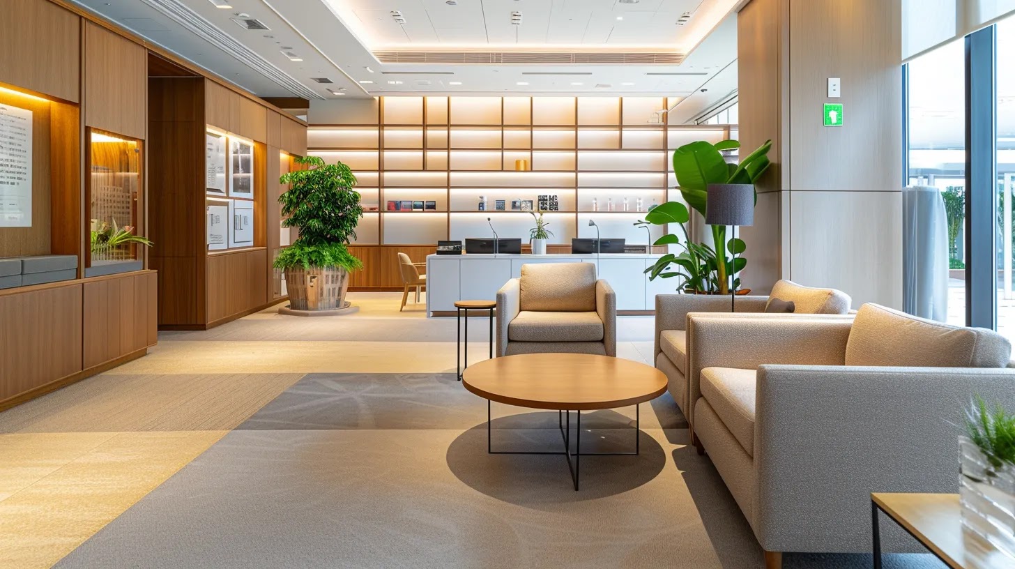 a pristine, well-organized office interior showcases gleaming surfaces and meticulously maintained upholstery, illuminated by professional lighting that highlights the thoroughness of a deep cleaning service in action.