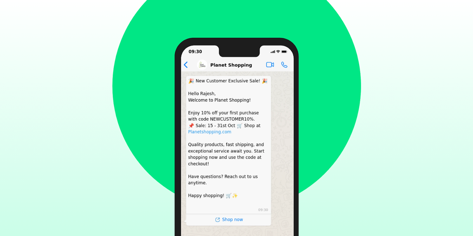 transactional whatsapp mockup message from planet shopping