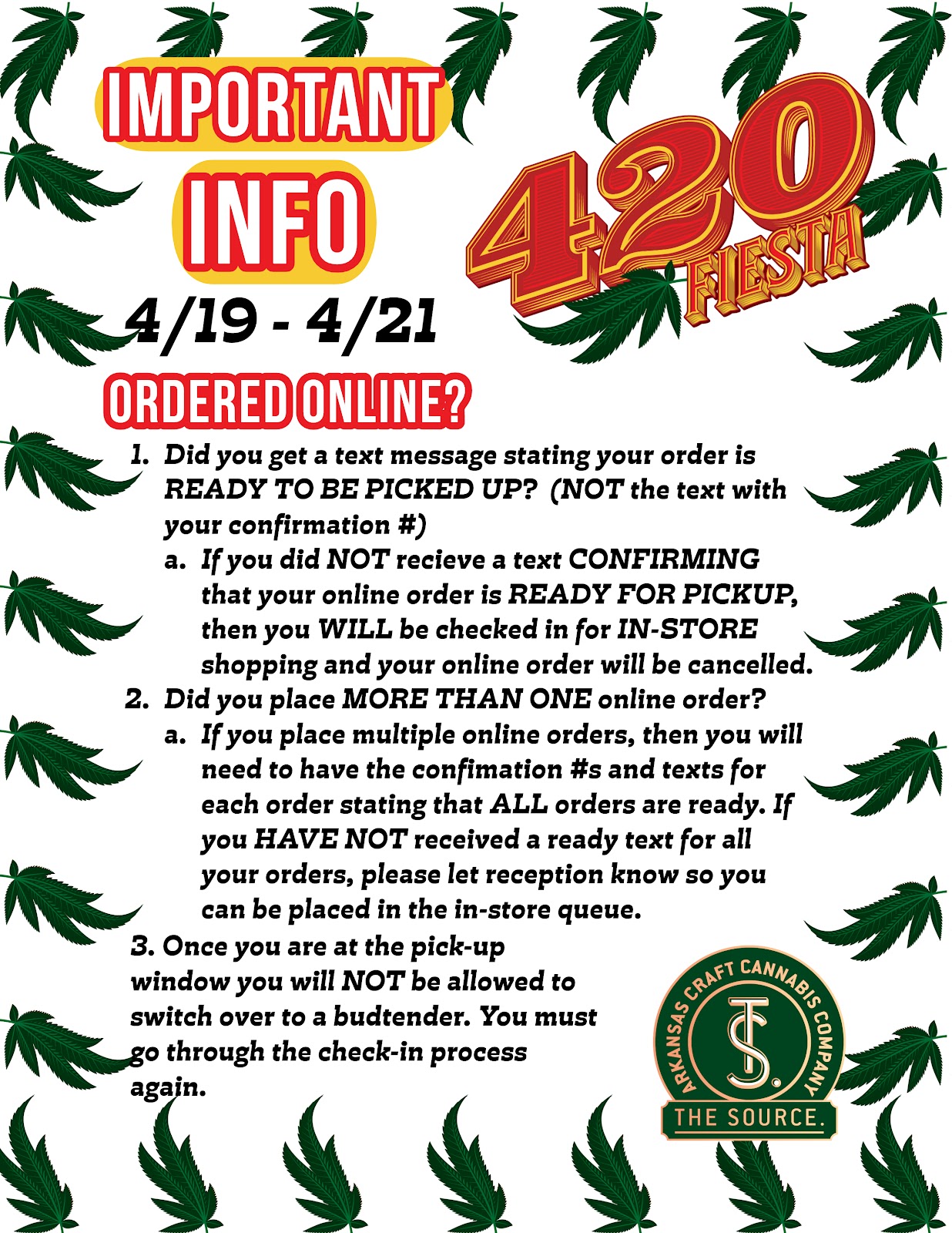 Graphic illustration with important information regarding ordering online during the 420 Fiesta weekend at The Source Craft Cannabis in Rogers, AR. Black text sits atop a white background in the middle with cannabis sugar leaves framing the edges of the graphic.