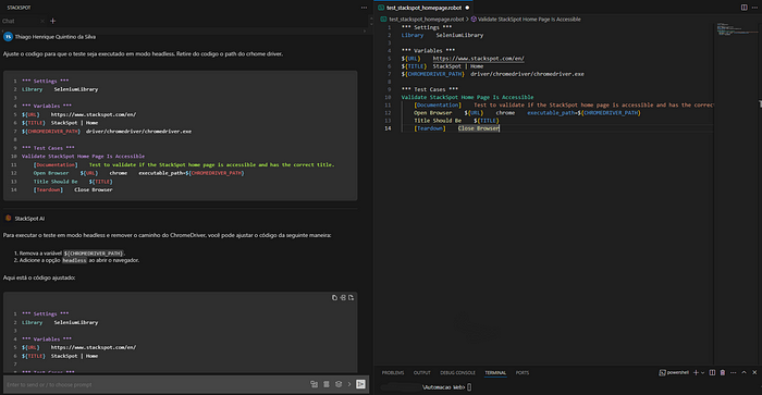 Do lado esquerdo da foto temos parte do trecho da IDE Vs Code com a resposta do prompt e do lado direito o código da implementação do teste “Validate Stackspot HomePage Title” com a adição de trechos de  código para executar o teste em modo headless.