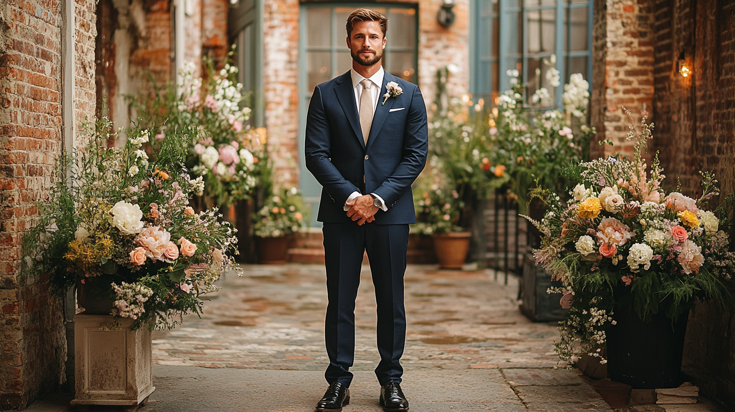 A groom standing in a navy blue suit paired with polished black shoes, wearing a crisp white shirt and a classic tie. The setting is a wedding venue, with soft floral decorations and romantic lighting in the background.