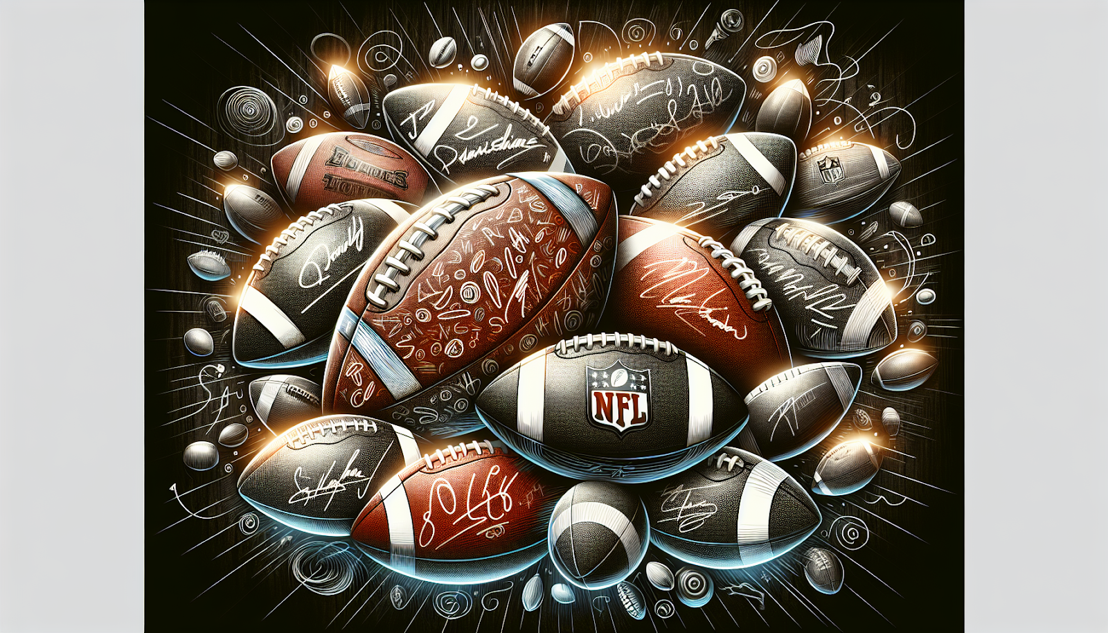 A group of signed footballs