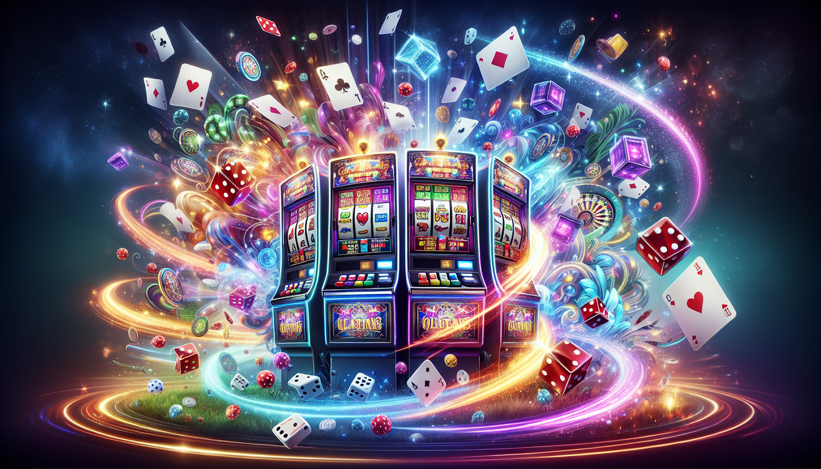 An illustration representing the excitement of online casinos, featuring various casino games and a vibrant atmosphere.