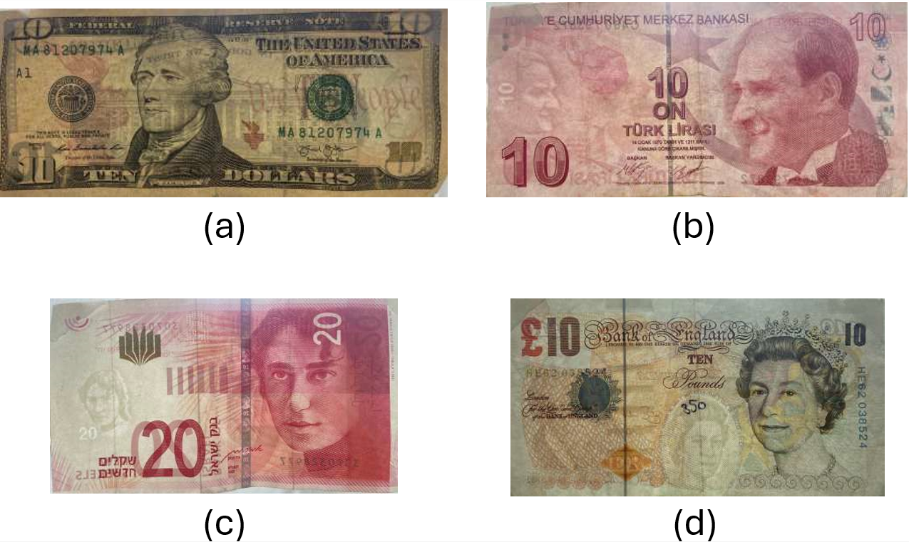 Photos American (a), Turkish (b), Israeli (c), and English (d) banknotes.