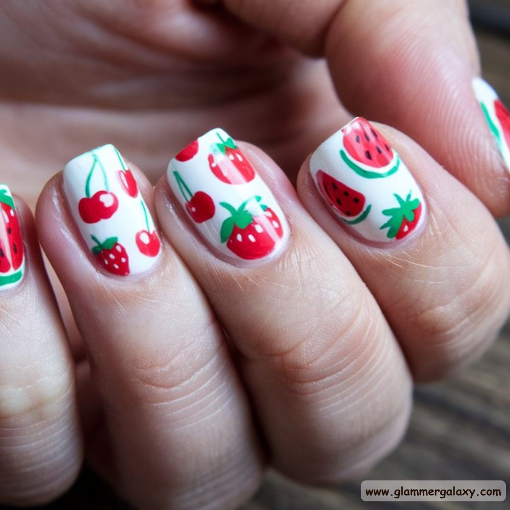 Red Summer Nails having Tropical Fruit Mix