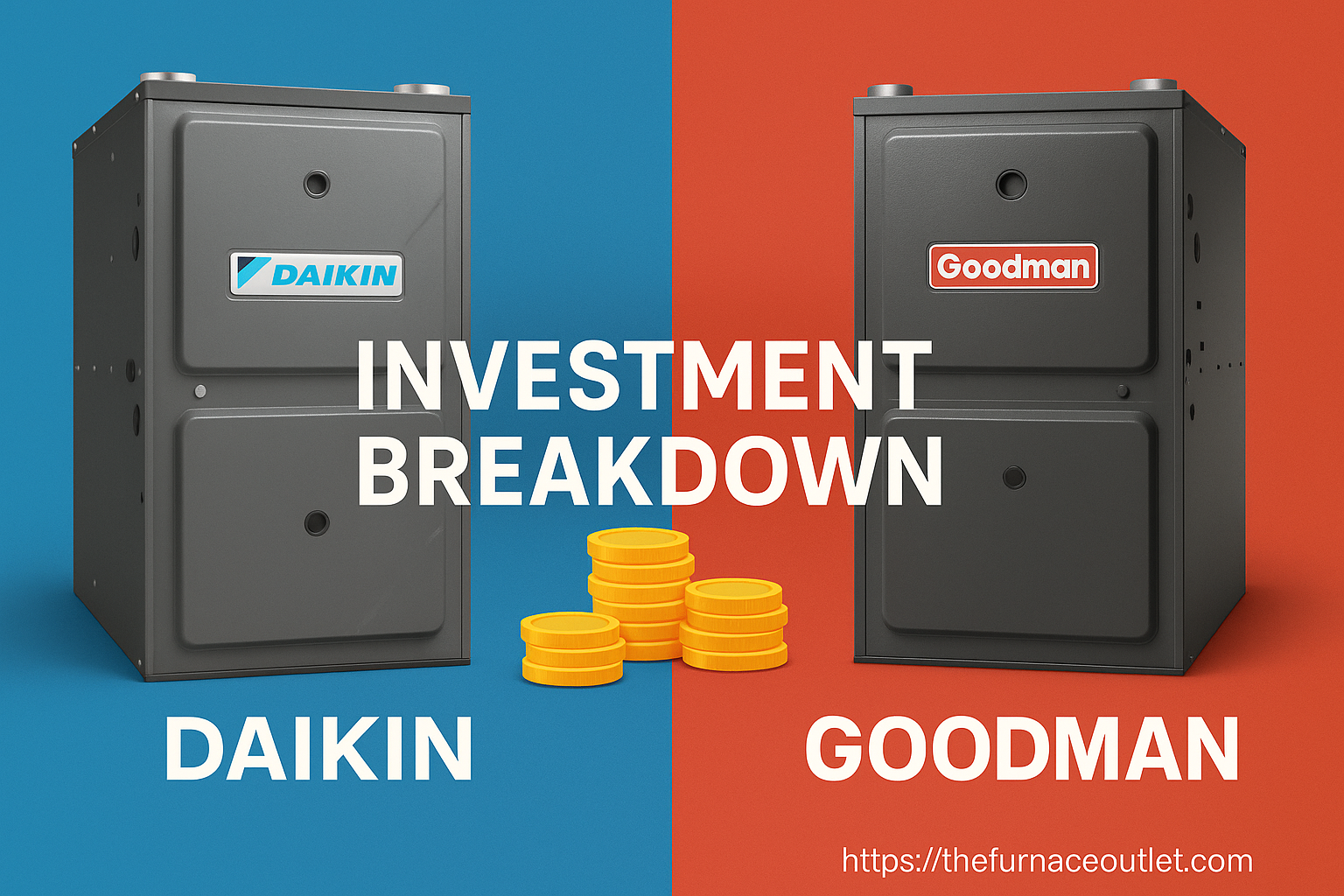 Daikin and Goodman furnaces shown side by side with gold coins symbolizing cost differences, set on blue and red backgrounds with The Furnace Outlet branding.