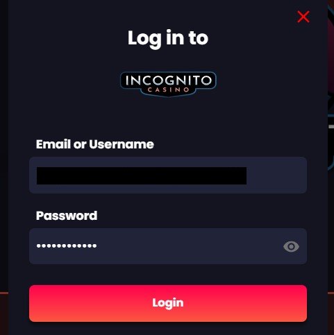 incognito casino inlogscherm