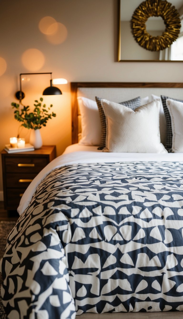 A neatly made bed with a patterned duvet cover, surrounded by warm lighting and cozy decor