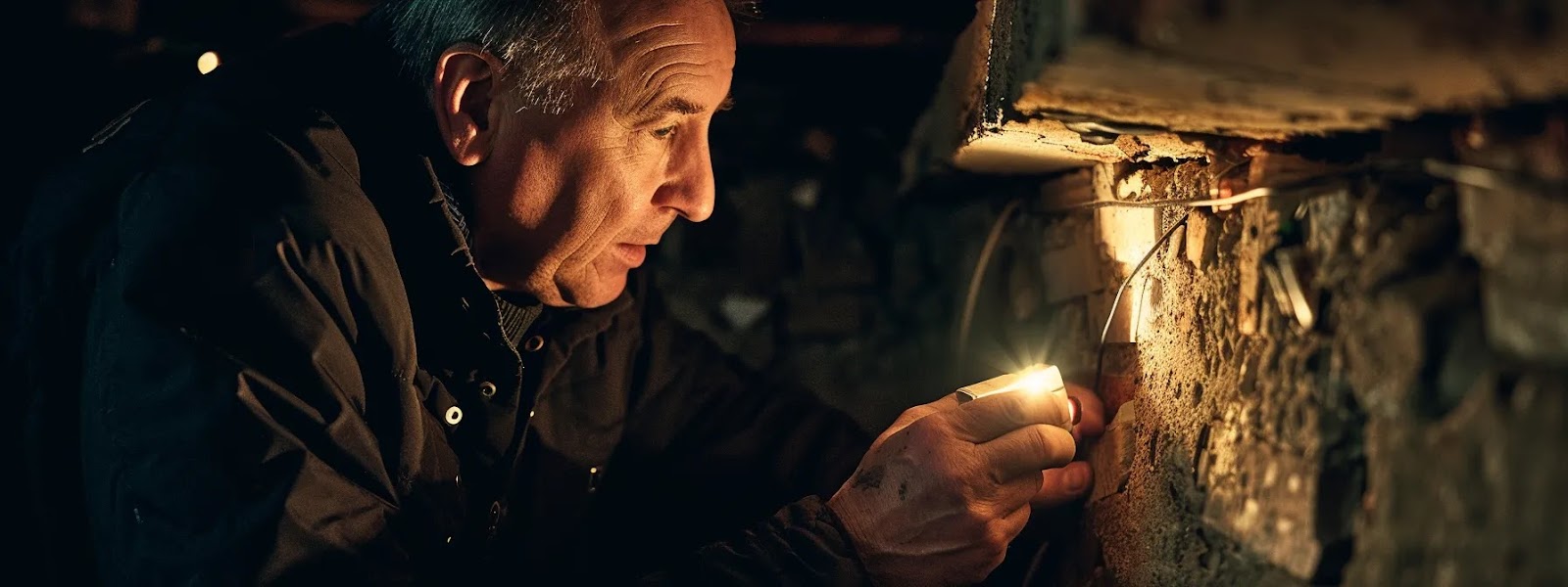 a close-up of a home inspector examining a property's foundation with a flashlight, highlighting cracks and water damage, set against a dimly lit basement backdrop that emphasizes the importance of uncovering hidden issues before purchase.