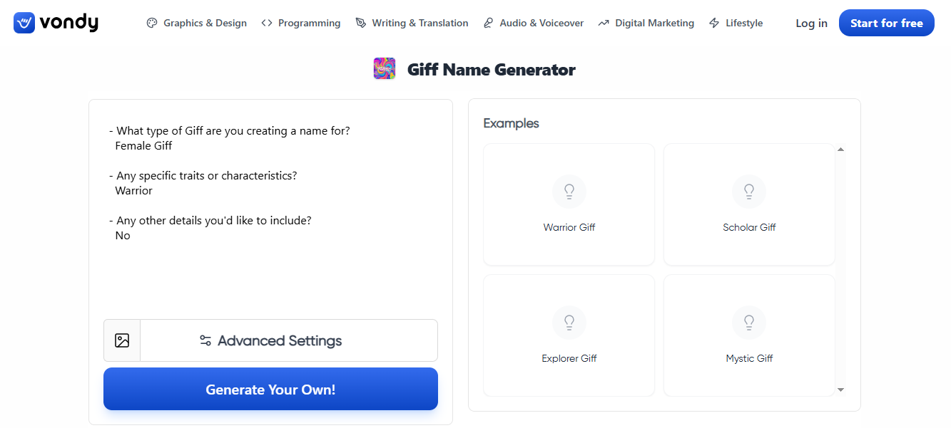 Vondy AI tool layout