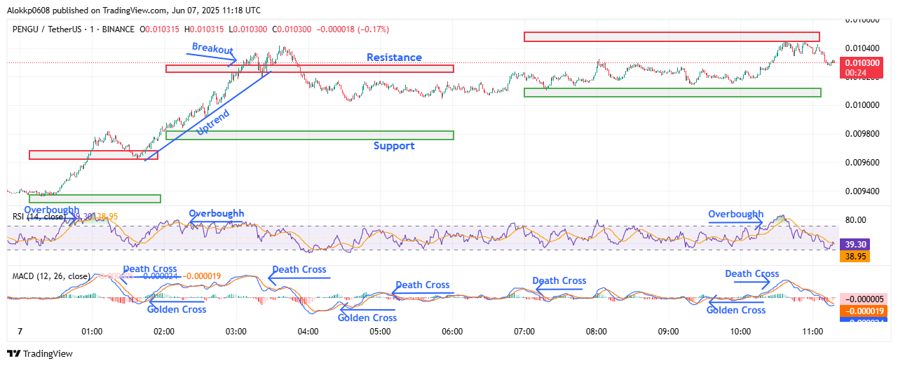 PENGU/USDT M-1 Chart, Analyzed by Alokkp0608, published on June 7th, 2025.
