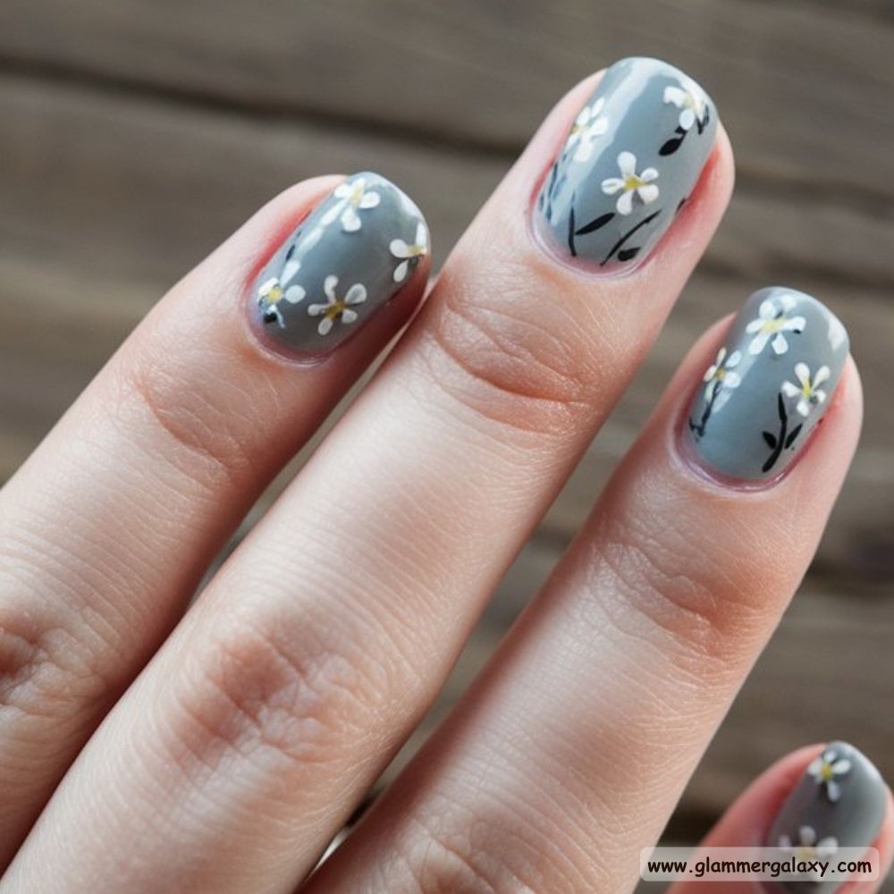 Winter Gray Nails having Delicate Floral Nails
