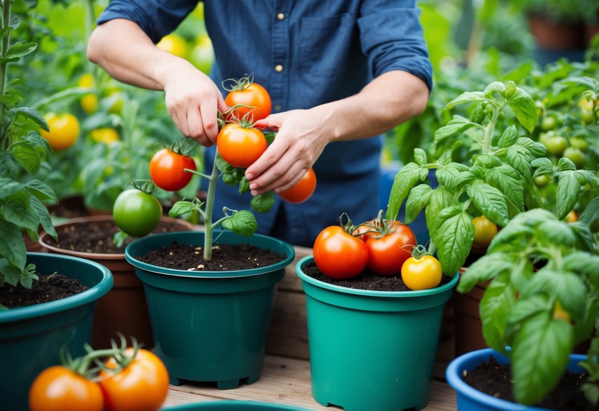 A person tending to tomato plants in various sized containers, facing challenges such as limited space, watering, and soil quality