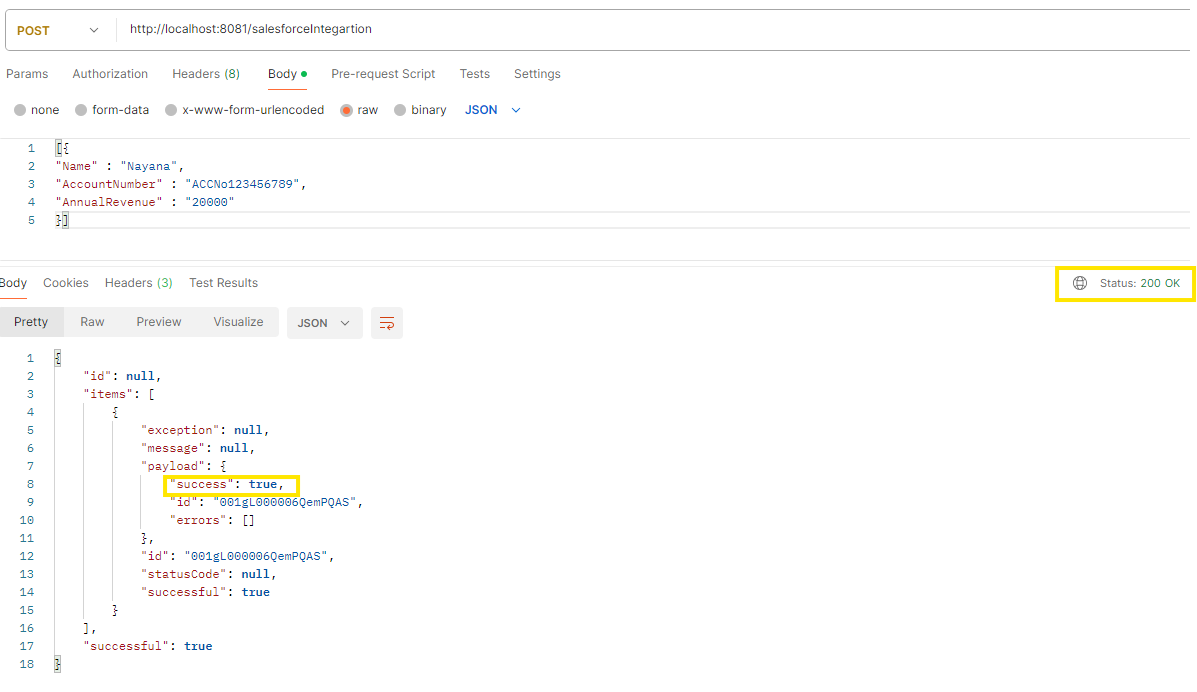 Postman Sample for calling Salesforce flow integration developed in MuleSoft
